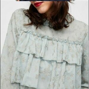 Zara Light Gray/green Embroidered Floral Ruffled Blouse - Small